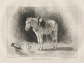 Intérieur d'écurie à Samois, 1876, gravure.