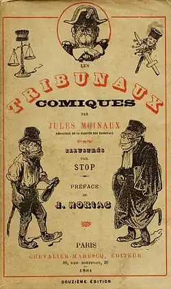 Page de garde de l'ouvrage Les Tribunaux Comiques par Jules Moinaux, avec les illustrations de Louis Morel-Retz. La page est illustrée par des dessins de singes humanisés.