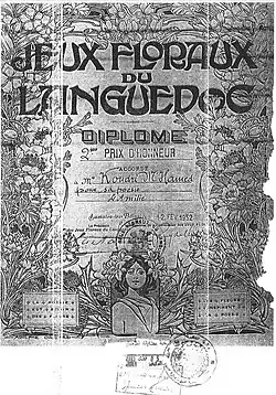Diplôme des Jeux Floraux du Languedoc,12 février 1952.