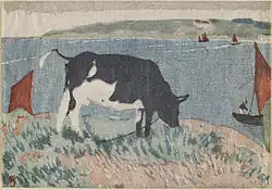 Impression couleur d'une vache paissant au bord de l'eau