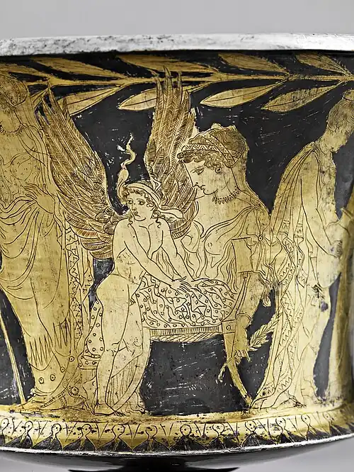 Aphrodite avec Himéros, détail d'un vase d'argent, 420–410 av. J.-C., collection Vassil Bojkov, Sofia, Bulgarie.