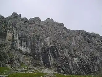 Le Gimpel (à gauche) et le Rote Flüh (à droite) depuis la vallée de Tannheim.