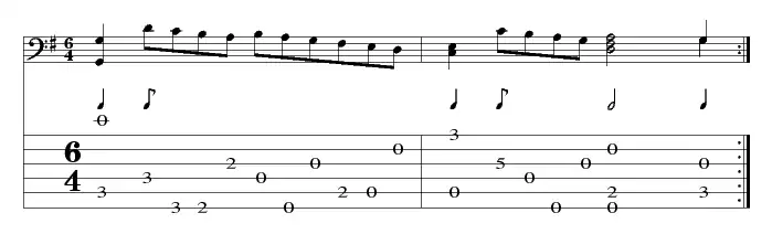 Effet de campanella, tablature avec la transcription sur une portée - extrait du Canario du Libro quarto d'intavolatura di chitarone