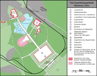 Le stade devait occuper la place 7 sur ce plan du Reichsparteitagsgelände.
