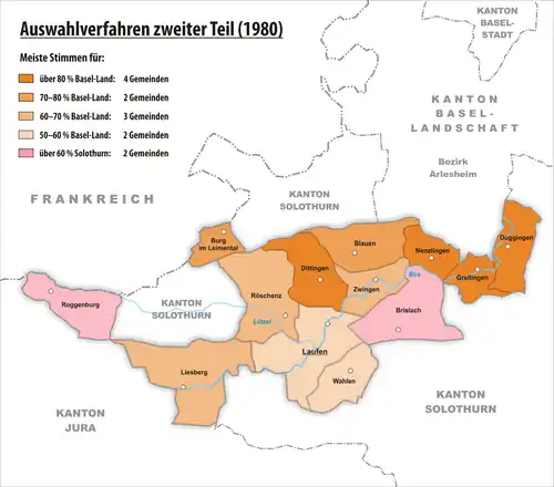 Carte du résultats de la deuxième consultation populaire districal Laufonnaise du 16 mars 1980.