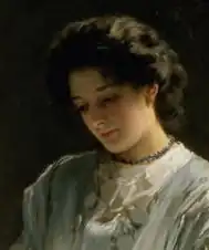 Tête de jeune fille à la lourde chevelure brune, penchée vers une lettre (invisible)