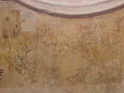 Dessins peu lisibles au trait noir, effacés par endroit. Il y a sans doute des couleurs, mais elles n'apparaissent pas sur cette photo.