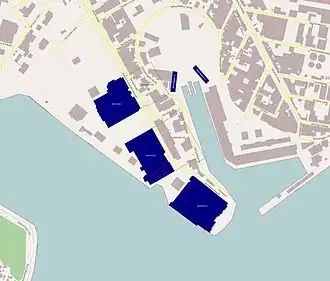 Carte de la péninsule de Keroman avec les bunkers à sous-marins en bleu.