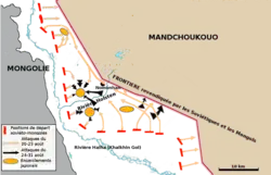 La carte est constituée de flèches montrant l'enveloppement des japonais par les forces soviétiques.