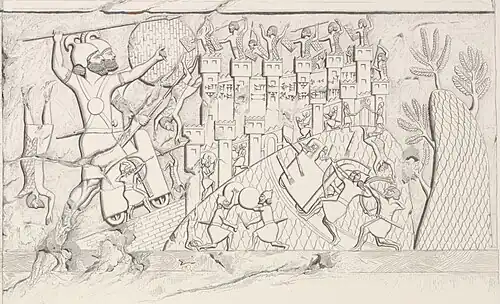 Attaque par les troupes assyriennes de la ville de Pazashi, en pays mannéen. Copie d'un bas-relief de Dur-Sharrukin par Eugène Flandin.