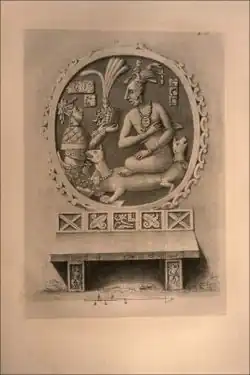 Lithographie d'après Agostino Aglio : Sak K'uk', trône du Jaguar, Palenque (vers 1830)