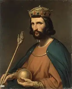 Représentation du roi Hugues Capet tenant le sceptre.