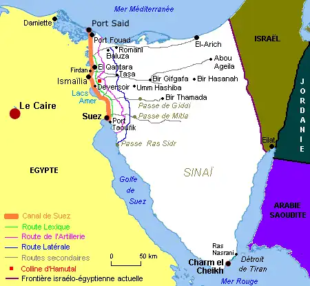 Carte présentant la région du Sinaï avec les principales villes et routes nommées dans l'article.