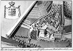 Gravure montrant la vue cavalière d'une abbaye.
