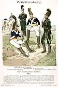 Cavalerie. Debout, de g. à dr. : 4e&nbsp;régiment de chasseurs, 1er&nbsp;régiment de chevau-légers Prinz Adam, 3e&nbsp;régiment de chasseurs Herzog Louis. Assis à g. : 2e&nbsp;régiment de chevau-légers de la Garde. 1812.
