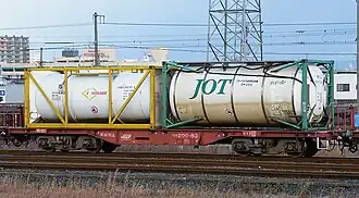 Wagon plat type Koki 200 Transport de 2 conteneurs-citerne de la JRF (Japon).