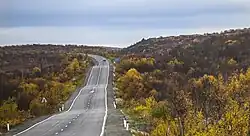 Une route droite du côté gauche de l'image, vallonée traverse un paysage de toundra avec des collines basses et une végétation éparse basse aux couleurs d'automne. Le ciel est grisâtre, et la route semble s'étirer vers l'horizon entre des terrains vallonnés.