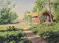 Johan Krouthén : Paysage ensoleillé d'été avec un chalet rouge (1919)