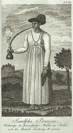 Kurdschi Banian, mandataire des courtiers français à Mokha portant une médaille à l'effigie de Louis XVI, Yemen, vers 1790–1800.