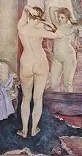 Peinture d'une femme nue debout devant un miroir.
