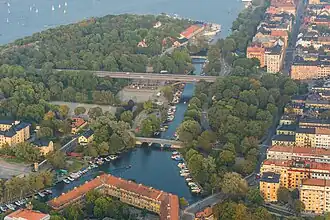 Vue aérienne sur Långholmen  (à gauche) et Södermalm (à droite)