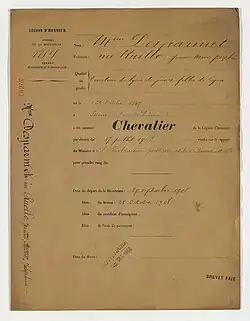 Face recto du brevet de chevalier de la Légion d'honneur de Jeanne Desparmet-Ruello, daté du 28 octobre 1908.