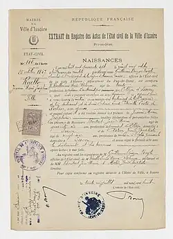 Copie conforme de l'acte de naissance de Jeanne Desparmet-Ruello, datée du 31 juillet 1908.