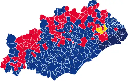 Nuance politique des candidats arrivés en tête dans chaque commune au 1er tour.