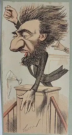 Caricature d'un homme barbu s'exprimant à la tribune.