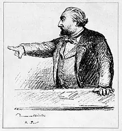 Dessin d'un homme se tenant debout, le bras droit tendu vers la gauche et l'index pointé.