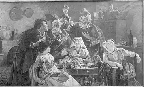 Une dame âgée est assise à une table, entourée d'une demi-douzaine de personnes très joyeuses qui semblent célébrer la grand-mère au centre du tableau.