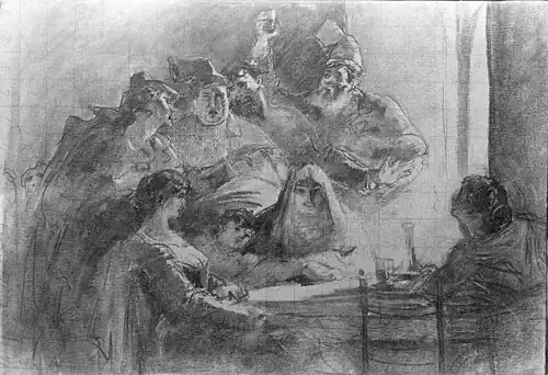 Une dame âgée est assise à une table, entourée d'une demi-douzaine de personnes très joyeuses qui semblent célébrer la grand-mère au centre du dessin.