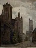 Gand - Cathédrale Saint-Bavon, Beffroi, Église Saint-Nicolas ca 1929 - Huile sur bois - 25&nbsp;×&nbsp;20&nbsp;cm
