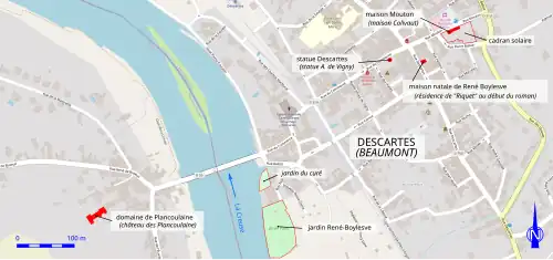Carte représentant des lieux où se déroule un roman, reportés sur un plan réel.
