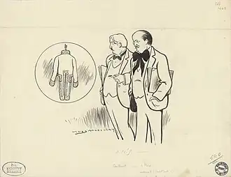 Gaston Arman de Caillavet et Robert de Flers, auteurs de la pièce de théâtre L'Habit vert, dessin d'Yves Marevéry, 1912.