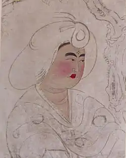 Tracé à l’encre et couleur pâle pour le visage d’un buste de femme chinoise vue de trois quart.
