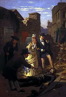 Huile sur toile représentant la sortie de bourgeois parisiens à Paris, dans un paysage de ruines urbaines. Les personnages, deux hommes et une femme, semblent plaisanter devant le cadavre d'un communard qu'ils touchent de leur canne.