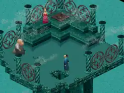 Capture d'écran prise à la fin du jeu, lors du combat final entre Twinsen et FunFrock, tandis que Zoé est située en haut de l'écran.