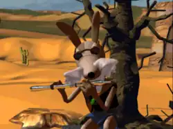 Capture d'écran montrant un lapin anthropomorphe assis au milieu d'un désert, portant des lunettes de soleil et jouant de la flûte.