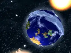 Capture d'écran sur laquelle apparaît au centre la planète Twinsun située entre deux soleils.