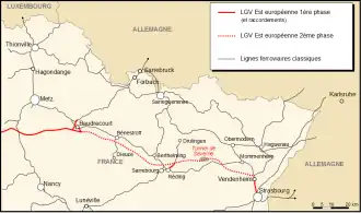 Carte schématique de la seconde phase de la LGV Est.