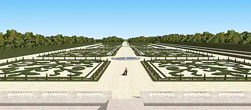 Restitution de la vue sur les parterres du château de Limours, depuis le premier étage, vers 1650.