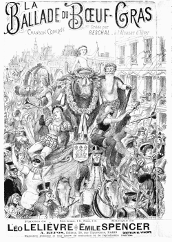 Gravure figurant, sur un char tiré par des chevaux, un bœuf entouré de nombreux personnages déguisés