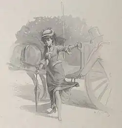 Dessin en noir et blanc d'une jeune femme descendant d'une carriole.