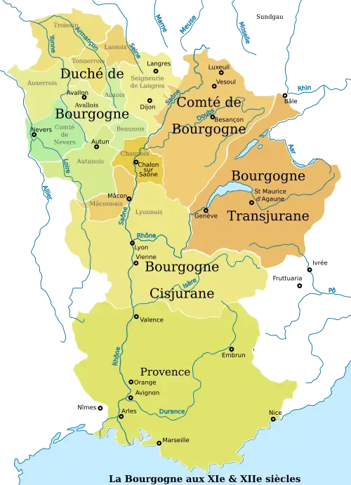 La Bourgogne aux XIe et XIIe&nbsp;siècles. Les quatre Bourgognes :- le duché de Bourgogne- le comté de Bourgogne- la Bourgogne transjurane- la Bourgogne cisjurane avec la Provence.
