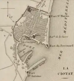 Plan de La Ciotat de 1830 indiquant le fort du Bérouard, le fort Saint-Martin et le fort Saint-Antoine.