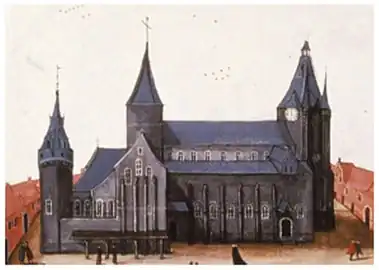 La collégiale, la tour Malvau (ou ronde tour) et la Halle aux Draps au début du XVIIe&nbsp;siècle.