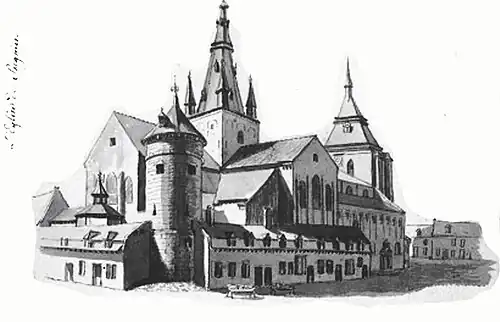 La collégiale en 1822, la tour Malvau du XIVe&nbsp;siècle sera démolie en 1870 - Original conservé au Musée royal de Mariemont - Album de Jean de Vaere - ELB-MRM-4492 A.