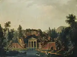 Peinture (huile sur toile d’avant 1795, 96 x 128&nbsp;cm) montrant le grand Rocher et des gens se promenant et sur une barque sur le bassin devant celui-ci.