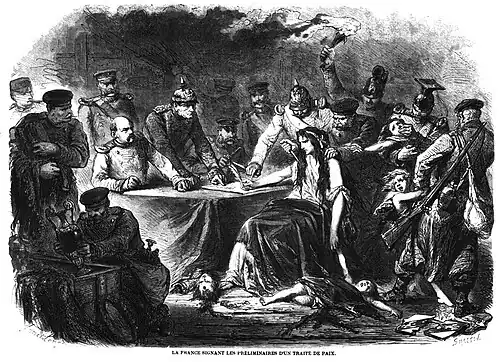 La France signant les préliminaires d'un traité de paix (L'Illustration, 11 mars 1871).